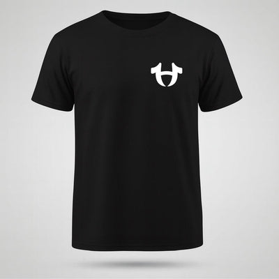 Black t-shirt with a white logo on a gray background