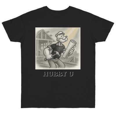 Black t-shirt with a graphic of a cartoon character holding blueprints and the text 'HUBBY U' on a white background.