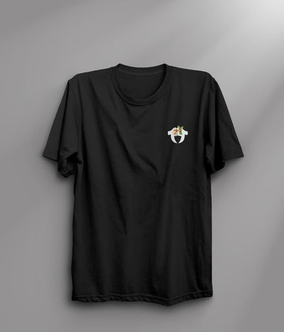 Black t-shirt with a small white logo on a gray background
