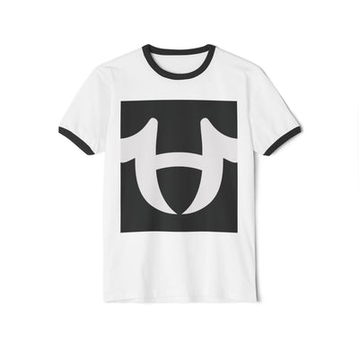 White t-shirt with black logo on a white background