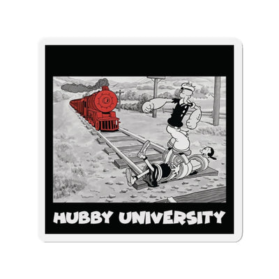 Cartoon scene with a red train and characters labeled 'Hubby University' on a white background.