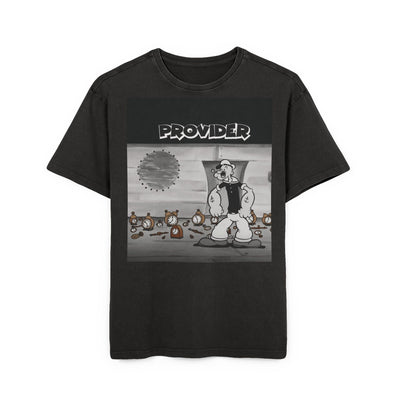 Black t-shirt with a graphic design featuring a character and the word 'Provider' on a white background.