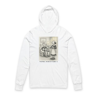 White hoodie with a graphic design on a white background