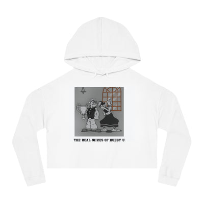 White hoodie with graphic design and text on a white background