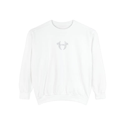 White sweatshirt with a small logo on a white background
