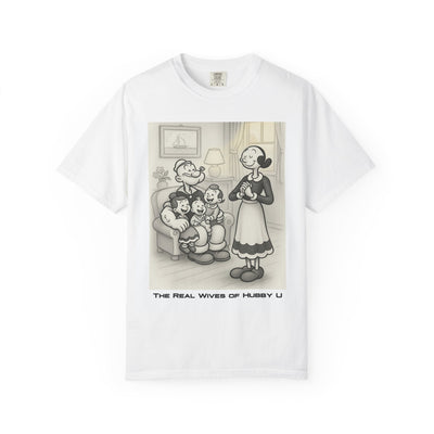 White t-shirt with black and white graphic of a family scene and text on a white background