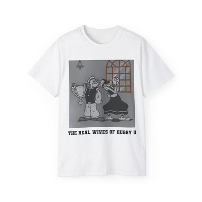 White t-shirt with graphic design and text on a white background