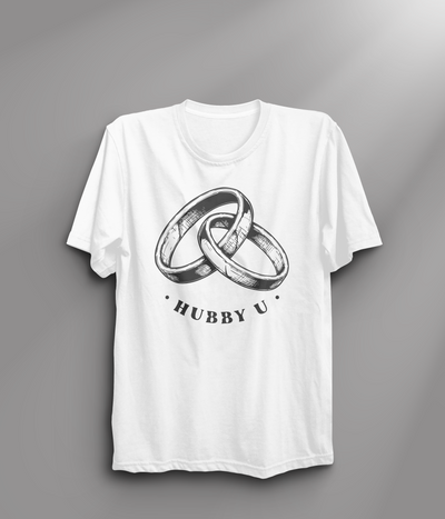 White t-shirt with black graphic of two interlocking rings and 'HUBBY U' text on a gray background