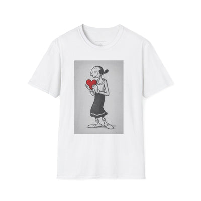 White t-shirt with a graphic of a character holding a red heart on a gray background