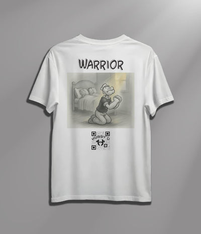 White t-shirt with a graphic design and text on the back against a gray background