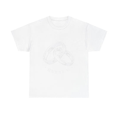 White t-shirt with a logo on a white background