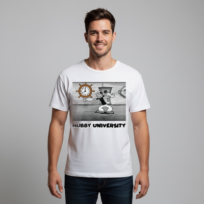 Man wearing a white t-shirt with a graphic design and text 'HUBBY UNIVERSITY' on a plain background