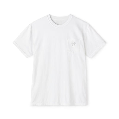 White t-shirt with a small logo on a white background