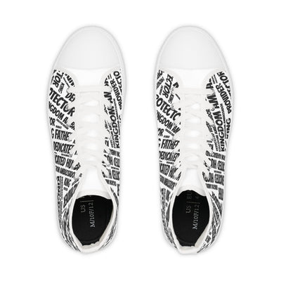 White sneakers with black text pattern on a white background