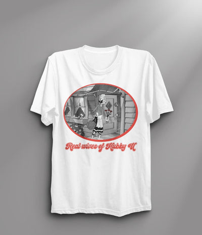 White t-shirt with a graphic design on a gray background